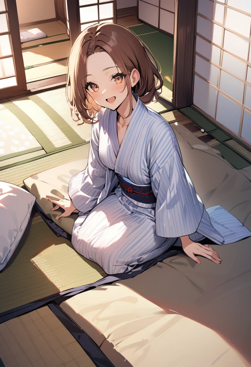 1 girl, bob, center part, forehead, brown hair, piercing, brown eyes,  happy, open mouth,
BREAK (masterpiece), (high resolution 8K), detailed eyes and face, detailed body, 
BREAK yukata,wearing japanese yukata,print light blue stripe yukata,(plain color yukata:1.3),
(a girl sitting on futon :1.5),
(Japanese-style room, tatami, futon ,mattress, pillow:1.3),