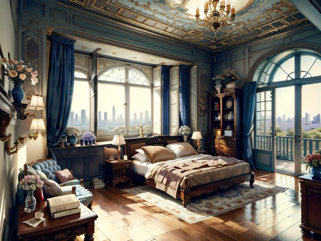 8K picture quality，best quality，masterpiece，HD，Super rich detail，detailed，Cosy bedroom，Big windows，Floor-to-ceiling windows，Big bed，notebook，There is a cabinet next to it，There are chairs，There are flowers，There is a wardrobe，Bookcase bookshelf many books，There is a sofa，There is a table and chairs，There are a lot of books，There was a full queen size bed，The body is very comfortable，extremely clean，Very informative，Big windows，超大Floor-to-ceiling windows，Outside the window is the scenery of high-rise buildings and city streets