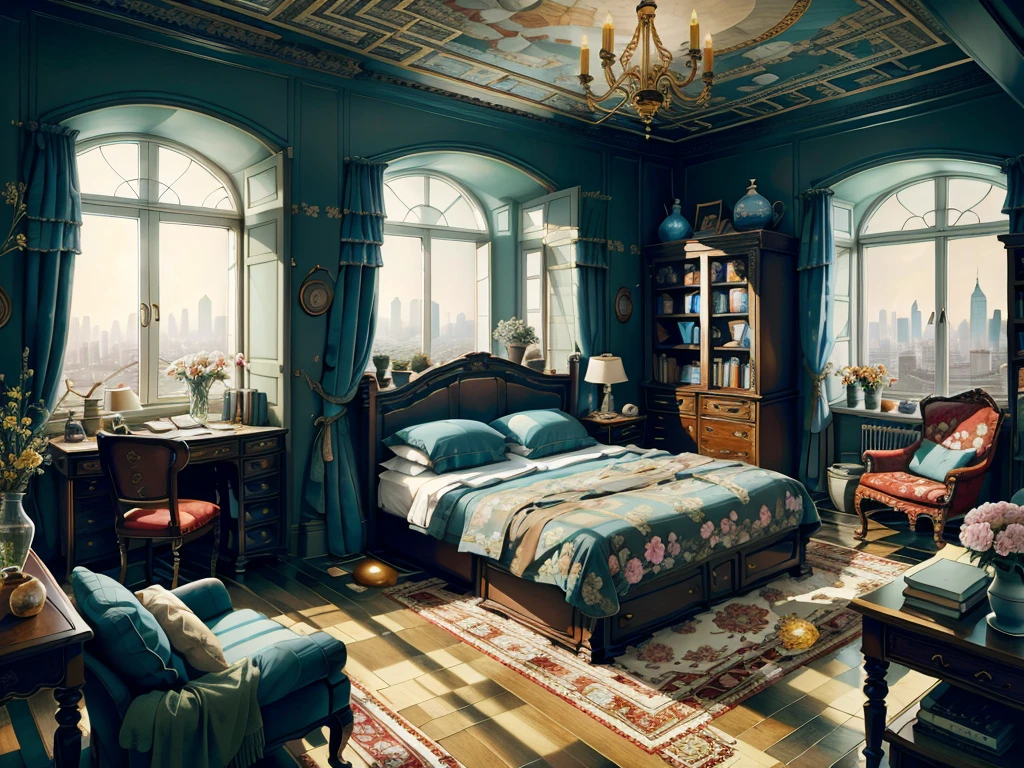 8K picture quality，best quality，masterpiece，HD，Super rich detail，detailed，Cosy bedroom，Big windows，Floor-to-ceiling windows，Big bed，notebook，There is a cabinet next to it，There are chairs，There are flowers，There is a wardrobe，Bookcase bookshelf many books，There is a sofa，There is a table and chairs，There are a lot of books，There was a full queen size bed，The body is very comfortable，extremely clean，Very informative，Big windows，超大Floor-to-ceiling windows，Outside the window is the scenery of high-rise buildings and city streets