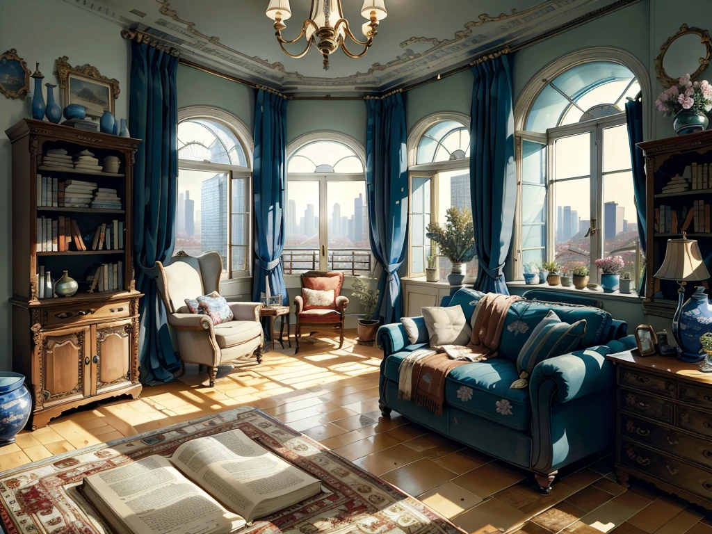 8K picture quality，best quality，masterpiece，HD，Super rich detail，detailed，Cosy bedroom，Big windows，Floor-to-ceiling windows，Big bed，notebook，There is a cabinet next to it，There are chairs，There are flowers，There is a wardrobe，Bookcase bookshelf many books，There is a sofa，There is a table and chairs，There are a lot of books，There was a full queen size bed，The body is very comfortable，extremely clean，Very informative，Big windows，超大Floor-to-ceiling windows，Outside the window is the scenery of high-rise buildings and city streets