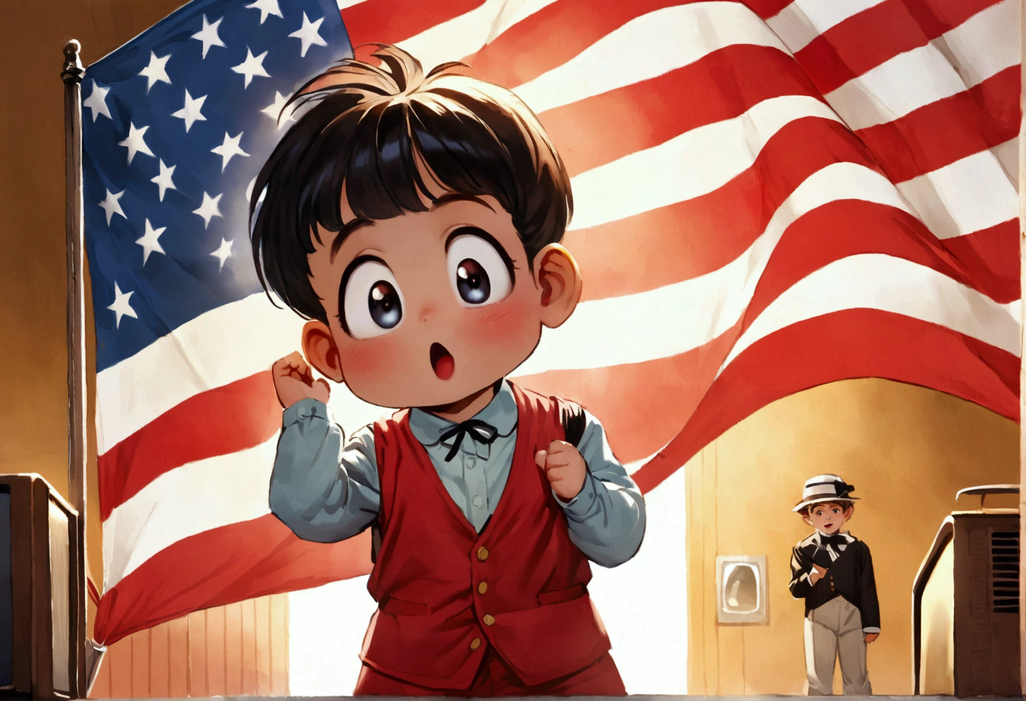 Classic TV, the little rascals, playfully hold up a MAGA banner, An american flag in the background
