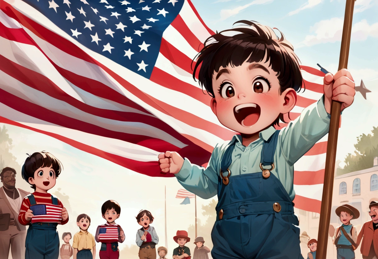 Classic TV, the little rascals, playfully hold up a MAGA banner, An american flag in the background