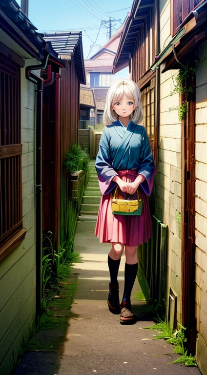 best quality,(masterpiece:1,2),highres,original,perfect lighting,extremely detailed wallpaper,(extremely detailed CG:1.2),Japanese manga style,Studio Ghibli,Hayao Miyazaki style,high saturation,rich details,A girl carrying a bag walking down the street,