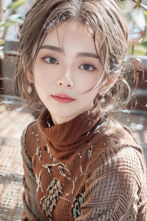 sitting on a park bench、(RAW shooting), (((Overall image)))、３５age、((Red sweater with high neck))、White scarf around neck、Long thin earrings、Round eyes、Cheek on ear、correct、make、smile、Biting the lower lip、Soft lips、誘惑的なsmile、Sparkle、Darker lipstick、Cheek on nose、(Autumn leaves)、((Watery eyes))、Asymmetrical Hair、Real Skin、Blonde Hair、Very realistic,Gray Hair、Messy Hair、Hair behind the ear、Floating Hair、Short Hair、Boyish Hair、Blunt bangs、Drop Shadow、Hyperrealism、Contemporary Art、shine、reflected light、Ultra Wide Angle、16K、Super detailed、最high quality、uhd、Anatomically correct、Awards、最high quality、Ultra high detail、high quality、High resolution、Textured skin、correct、masterpiece、((Cold Pose：1))、(((Shoot from different distances and angles:1.5)))、Super close-up of the face