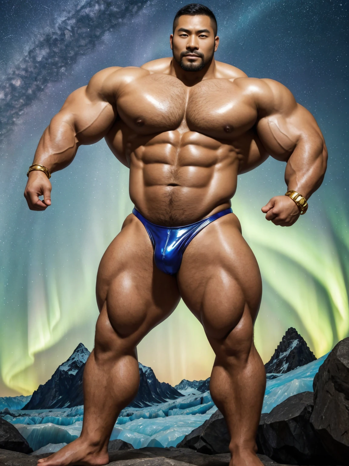 There is only one handsome Chinese man in the photo,35 years old,tall, Fitness,Smooth body,Smooth skin,No chest hair,short hair, O-Shaped Beard,Perfect body, Dark skin color,Radiant Skin,Smooth skin,Shiny, shiny skin,Smooth pectoral muscles,Muscle bulge, muscular, Very large pectoral muscles,Very sexy abdominal muscles,Very well-developed leg muscles,Huge concave and convex area,Brightens oily skin,Wearing a shiny gold leather thong,Handsome face,Normal human toes,Correct and accurate male body proportions,Gold Collar,Gold bracelet,Gold anklets,Stand on a glacier,Night sky,A sky full of stars,There are auroras,Colorful,Charming dream scene,Epic。