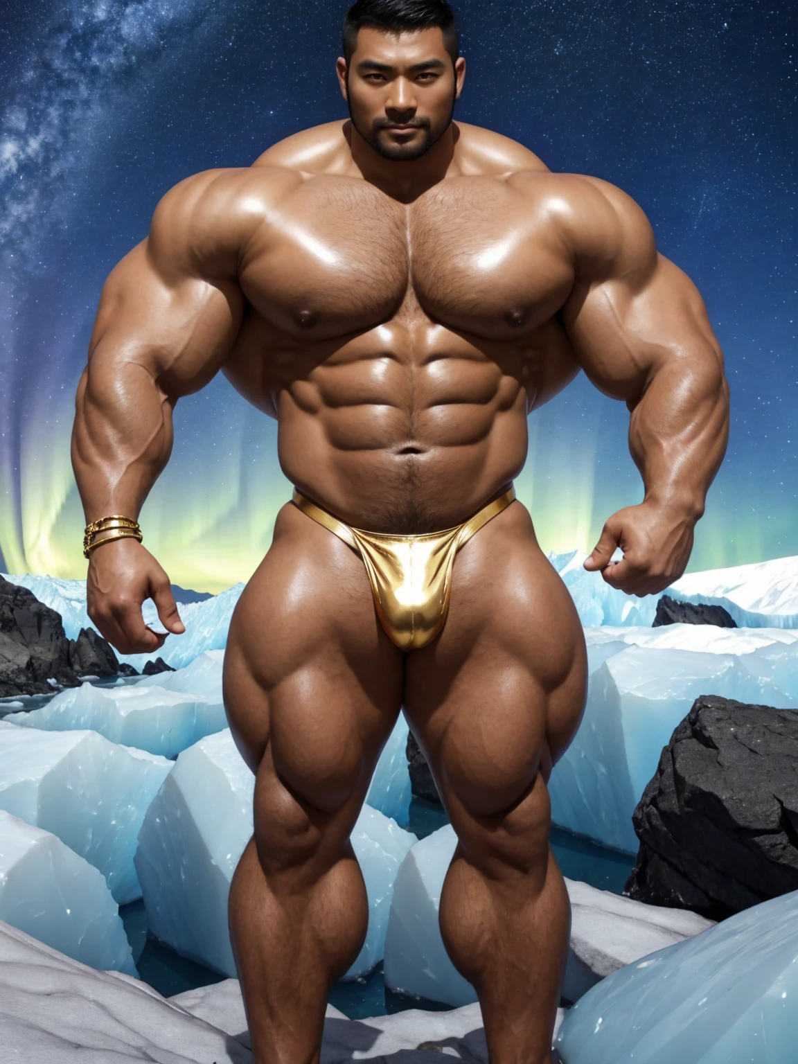 There is only one handsome Chinese man in the photo,35 years old,tall, Fitness,Smooth body,Smooth skin,No chest hair,short hair, O-Shaped Beard,Perfect body, Dark skin color,Radiant Skin,Smooth skin,Shiny, shiny skin,Smooth pectoral muscles,Muscle bulge, muscular, Very large pectoral muscles,Very sexy abdominal muscles,Very well-developed leg muscles,Huge concave and convex area,Brightens oily skin,Wearing a shiny gold leather thong,Handsome face,Normal human toes,Correct and accurate male body proportions,Gold Collar,Gold bracelet,Gold anklets,Stand on a glacier,Night sky,A sky full of stars,There are auroras,Colorful,Charming dream scene,Epic。