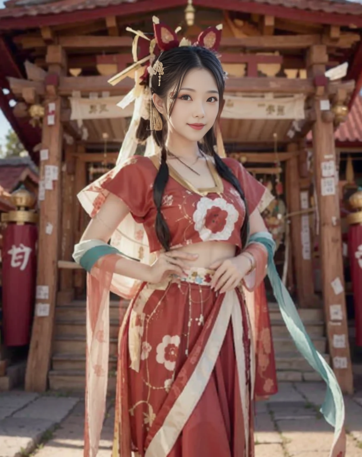 White and red shrine maiden costume,whole body,smile