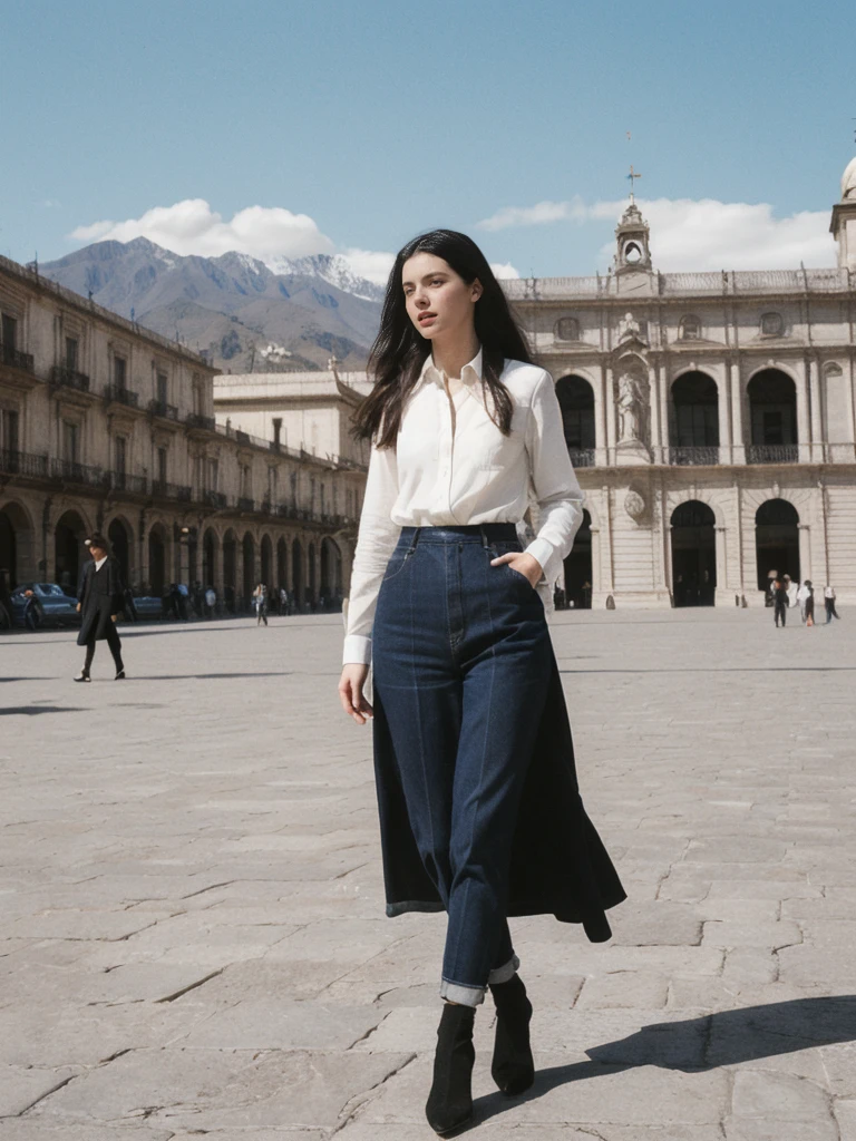 her name is Amelie, high quality, 1girl, ((25-year-old fit Caucasian woman)), ((25 years old)), ((SLIM)), ((long dark hair), pose: standing, wearing In style in trend Generation-Z modern wear different colored, BACKGROUND:"In the Plaza de Armas, surrounded by colonial architecture and with the Andes Mountains in the distance."