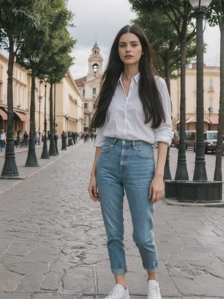 her name is Amelie, high quality, 1girl, ((25-year-old fit Caucasian woman)), ((25 years old)), ((SLIM)), ((long dark hair), pose: standing, wearing In style in trend Generation-Z modern wear different colored, BACKGROUND:"In the Plaza de Armas, surrounded by colonial architecture and with the Andes Mountains in the distance."
