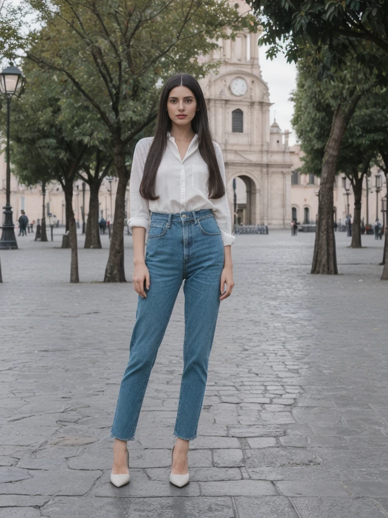 her name is Amelie, high quality, 1girl, ((25-year-old fit Caucasian woman)), ((25 years old)), ((SLIM)), ((long dark hair), pose: standing, wearing In style in trend Generation-Z modern wear different colored, BACKGROUND:"In the Plaza de Armas, surrounded by colonial architecture and with the Andes Mountains in the distance."