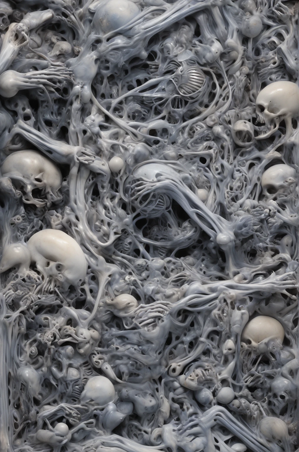 g1g3r, Giger_style, The image is a detailed view of H.R. Giger's \" Li II \" plate, featuring a complex network of bones and organs in a purple-brown hue ,swirling gray and brown colorsgroup of three alien figures positioned in the foreground. Emaciated and skeletal, with hollow eyes, they appear to be constructed from bone and metallic elements, a characteristic fusion of organic and mechanical forms found in Giger's biomechanical art.
The image features a robotic humanoid figure with intricate mechanical details, standing in a room with a glowing screen displaying the word \"EVE\" and a hand reaching out to touch its face. The background is a dark and limited space painted in a uniform blue-green color. This lack of detail keeps the focus on the figures and creates a sense of mystery about their environment. Receding into the distance are a series of arches and tunnels that hint at a larger biomechanical landscape, possibly the work of the creatures themselves The artwork is silver and purplish brown, with an ivory bones prominently displayed. The image is highly detailed and intricate, almost like a 3d version of a medical diagram (detailed view of an anatomy model, possibly of a human body, with transparent organs and bones exposed). The piece has a thick mechano-organic texture and is covered in fine details. The image has a swirling, organic quality to it. The artistic manner would be unmistakably Gigeresque. A dark and unsettling beauty would permeate the piece, blurring the lines between fascination and repulsion , forever haunted by the grotesque allure. Giger's signature artistic manner would be evident in every stroke. The airbrush would be wielded with masterful precision to create a hyperrealistic yet nightmarish aesthetic.., ooze soaked pajama top