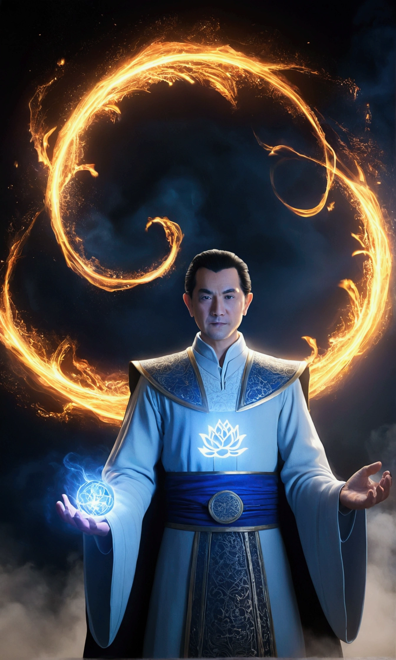 The Great Lotus in the Light of Tyndale   {Blue-white-collar}fire，Lightning Arc，Light effects,CG,Blizzard Style Art Trends,Diffuse luminous fog Luminous particles,Bright volumetric light - AR 9:16 --s 750 --v 5.2