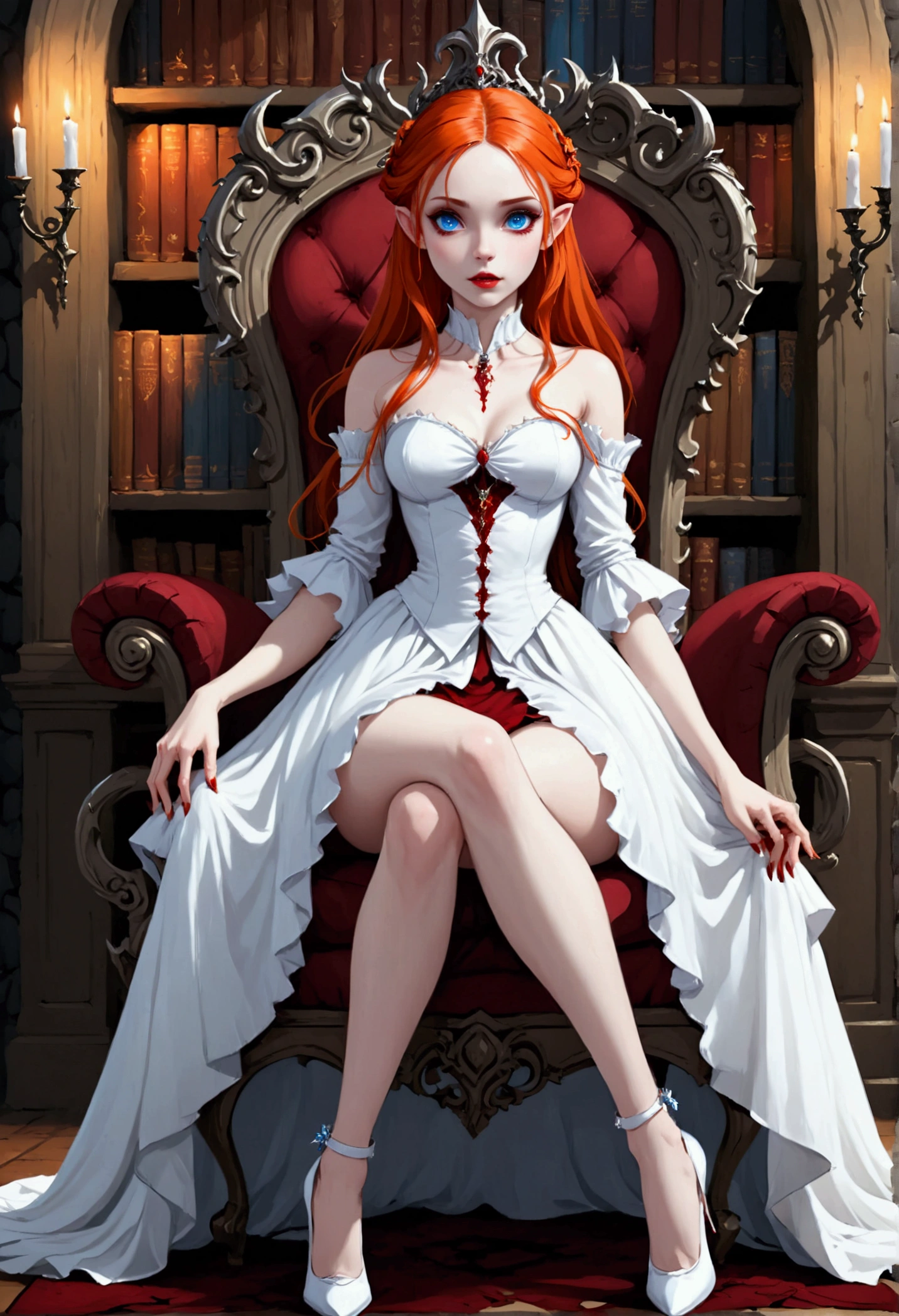 arafed a picture of elf vampire in her castle. an exquisite beautiful female elf vampire (ultra details, Masterpiece, best quality), full body, ((anatomically correct: 1.5) bloody mouth, orange hair, pale skin, hair in a ponytail, long hair, blue eyes, (small pointed ears: 1.2), cold eyes, smirking, wearing white dress (ultra details, Masterpiece, best quality), red cloak, wearing high heels, in dark fantasy library, book shelves, vibrant, Ultra-high resolution, High Contrast, (masterpiece:1.5), highest quality, Best aesthetics), best details, best quality, highres, ultra wide angle, 16k, [ultra detailed], masterpiece, best quality, (extremely detailed) RAW, dark fantasy art, gothic art, wearing Haute_Couture designer dress, Dark Novel, Dark Art Painting Style, dripping blood, hud_s1n, short black dress, long sleeves, veil, thighhighs, digital painting