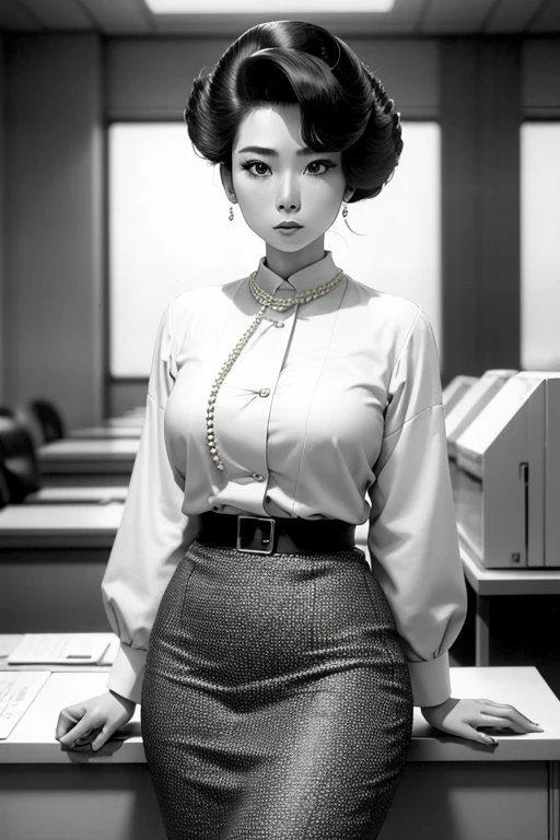 Beautiful Japan woman in 80s women's power business suits with pearls well styled coiffed hair, real person, detailed body, skirt office lady like a Japanese fashion model