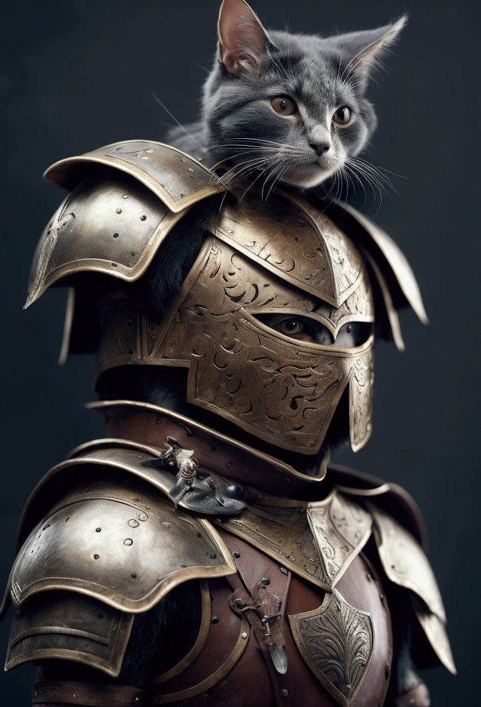 Un homme gladiateur habillé en chat avec une épée, dans une arène Romaine de Gladiateur, chat anthropomorphe, Armure inspirée de jules césar, combattant, gladiateur. High level of details, 4K resolution, HD, qualité maximale