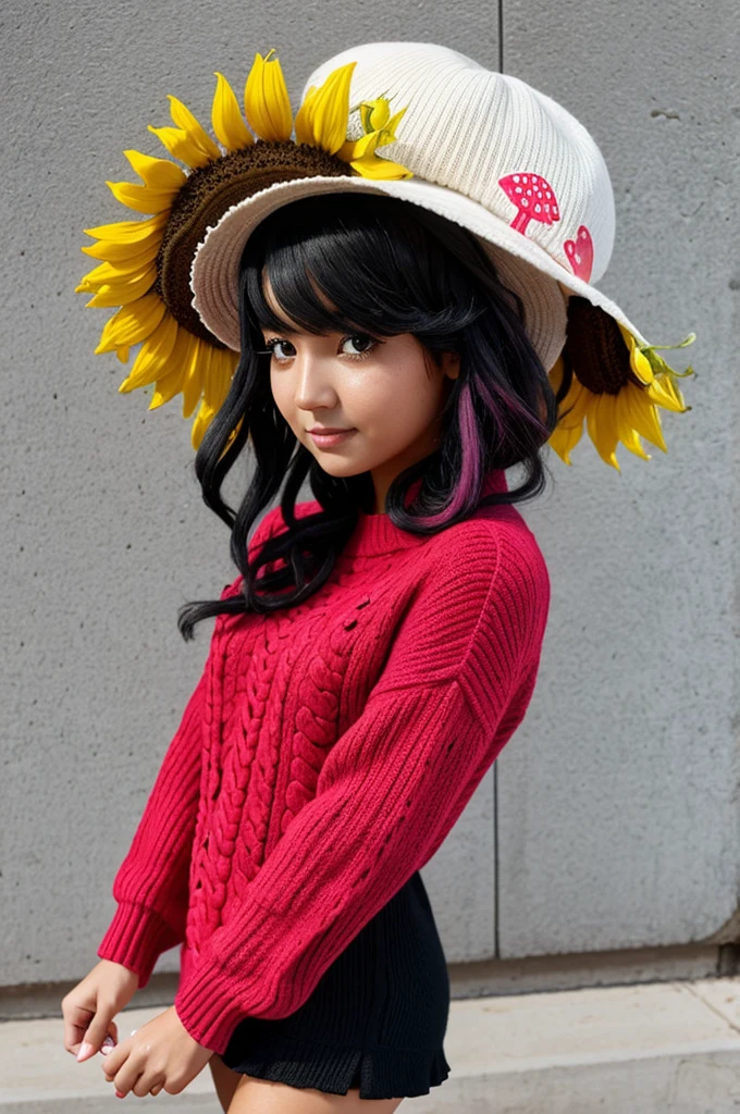 A girl with hair that goes from black to pink in waves. She has black eyes and a mushroom hat with a sunflower on it. She has a red minidress over a white sweater. She has no shoes. Long lashes