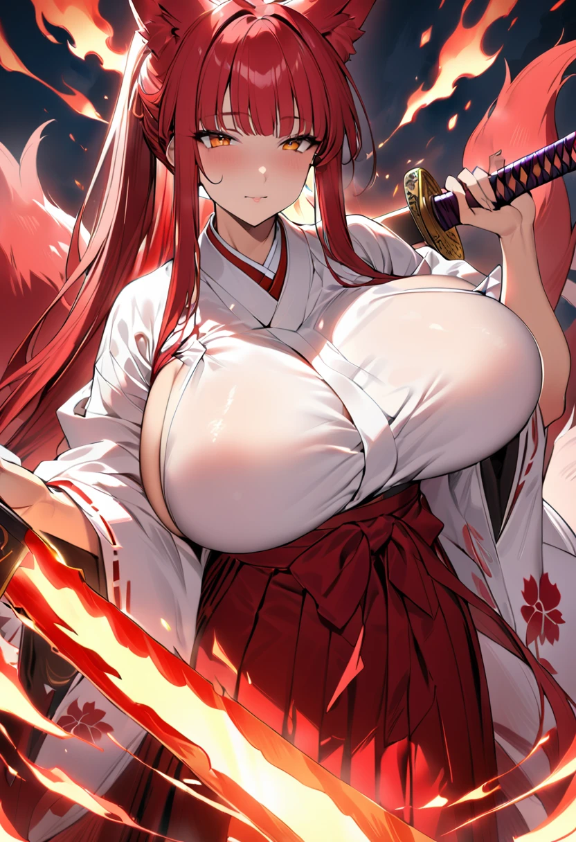 4K masterpiece High brightness crimson hair Very long ponytail Bangs down Mature woman Very large bust Huge breasts Exposed hakama Fox ears and nine fox tails of the same color as the hair Burning sword、Sword、He is wearing a five-fingered flame and is holding a Japanese sword.
