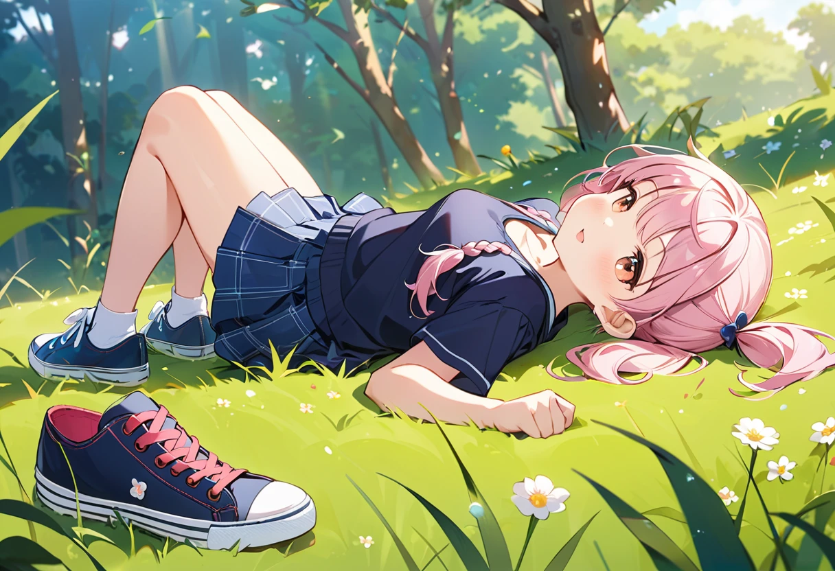 Highest quality、High resolution、Detailed Background、Beautiful face in every detail、Anatomically correct、Detailed facial expressions、fine grain、((full body, from below, side view)), ((One Girl))、Chibi Girl、Cute hair color、Braided twin tails、Elementary school, (Tank top、Vneck、mini skirt、Cute Shoes)、break grassland、((Lying down and resting one's chin on one's elbow、Bend your knees and kick your feet))、A giant frog in front of me、Touching with trepidation、I have a lot of tears in my eyes、An expression that looks like it's about to cry、Close up hands、