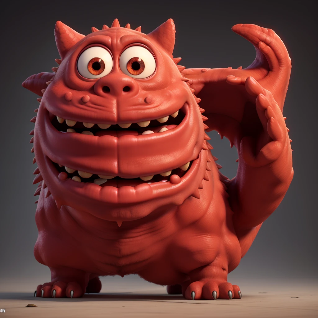 A monster with red skin and sharp teeth, completely black eyes and a large tongue with a protruding jaw