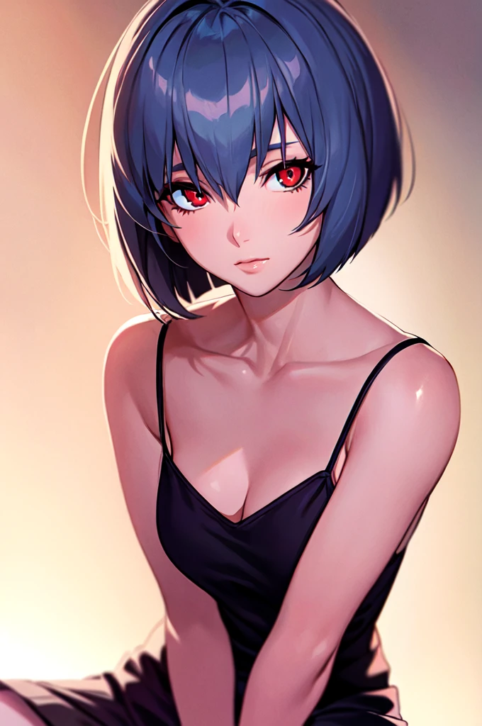 {{{{{Neon Genesis Evangelion, Rei Ayanami:1.9}}}}}, 8K, best quality, ultra-detailed, high resolution, highly detailed CG, clear, top aesthetic, excellent shading, (photorealistic:1.3), high contrast, ultra-fine illustration, shrink rate, beautiful detailed eyes, beautiful detailed skin, realistic skin, beautiful detailed hands, beautiful detailed fingers, beautiful detailed hair, detailed hair strands, beautiful detailed ears, beautiful detailed lips, professional lighting, beautiful detailed background, very realistic background, one girl, solo, 25 years old, beautiful woman, (((glossy pale hair, bob cut))), (hair between eyes), (((dark red eyes))), (inner camisole, outer, skirt), dynamic angle, lip gloss, cowboy shot, modest, blushing, expressionless, spread legs, sitting