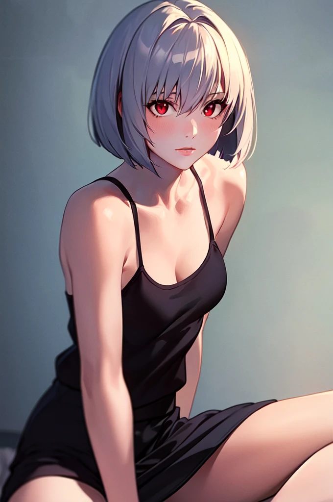 {{{{{Neon Genesis Evangelion, Rei Ayanami:1.9}}}}}, 8K, best quality, ultra-detailed, high resolution, highly detailed CG, clear, top aesthetic, excellent shading, (photorealistic:1.3), high contrast, ultra-fine illustration, shrink rate, beautiful detailed eyes, beautiful detailed skin, realistic skin, beautiful detailed hands, beautiful detailed fingers, beautiful detailed hair, detailed hair strands, beautiful detailed ears, beautiful detailed lips, professional lighting, beautiful detailed background, very realistic background, one girl, solo, 25 years old, beautiful woman, (((glossy pale hair, bob cut))), (hair between eyes), (((dark red eyes))), (inner camisole, outer, skirt), dynamic angle, lip gloss, cowboy shot, modest, blushing, expressionless, spread legs, sitting