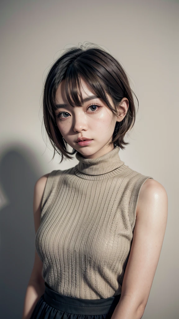 One girl, (namihoshino_united states of america), chest, Brown eyes, short hair, (eye shadow), eyeliner, blush, View your viewers, Taken with a Canon digital SLR, Wearing a turtleneck dress, skirt, Fashion Portrait, Upper Body,
Detailed body, Attractive body, The perfect human body,
(Ultimate Quality, masterpiece, High resolution:1.0), Realistic:1.5, photoRealistic,