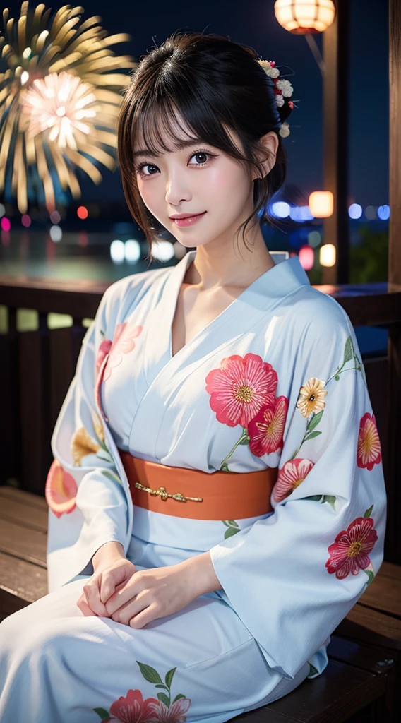 (8k、RAW Photosgraphy、Highest quality、masterpiece:1.2)、(Realistic、Photorealistic:1.37)、Ultra-high resolution、One Girl、cute、solo、night、Sitting、date、(Nose redness)、(Laughter:1.1)、(Closed)、huge 、Beautiful Eyes、(short hair:1.2)、(((Fireworks bursting into the sky、night)))、(((kimono、yukata)))、Cleavage、Perfect body、Perfect Fingers、Professional Lighting、Japanese Goddess、gravure、Detailed face and skin texture、Detailed eyes、RAW Photos