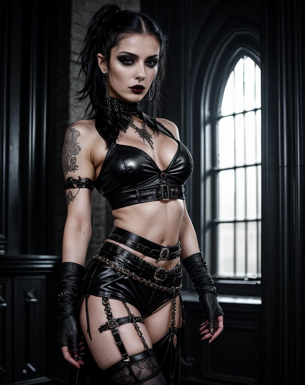 back shot, close-up photo of a woman in black open femdom clothes, full body shot, edgy and bold hairstyle, blond hair, crop top, hotpants, Metal jewelry, Dynamic posture, handsome body, slim figure, small breasts, seductive cyberpunk dark fantasy, Sensual, Gloomy style, dark fantasy mixed with realism, goth girl, dominatrix in play, femdom in play, mistress, seductive, very beautiful goth top model, gothic horror vibes, The Queen of Dark Gothic, Gothic atmosphere, goth woman, Awesome and gloomy, ornamental gothic - cyberpunk, Gothic - Cyberpunk,