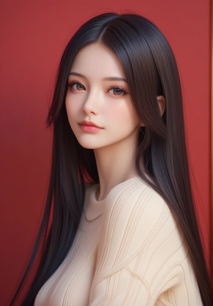 ,score_9,score_8_up,score_7_up, 20 years old, 8k, hd, beautiful girl, black hair, very long hair, straight hair, closed mouth,
1girl, detailed face, beautiful woman's face, sweater, red background, looking at viewer,