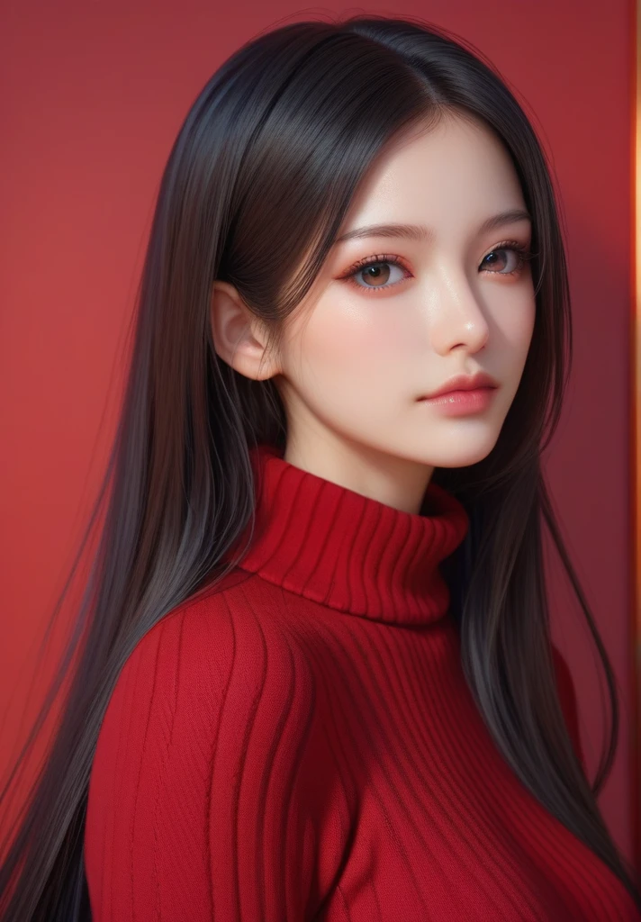 ,score_9,score_8_up,score_7_up, 20 years old, 8k, hd, beautiful girl, black hair, very long hair, straight hair, closed mouth,
1girl, detailed face, beautiful woman's face, sweater, red background, looking at viewer,