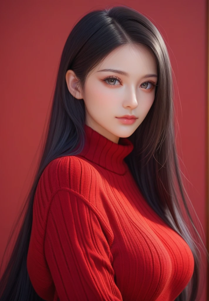 ,score_9,score_8_up,score_7_up, 20 years old, 8k, hd, beautiful girl, black hair, very long hair, straight hair, closed mouth,
1girl, detailed face, beautiful woman's face, sweater, red background, looking at viewer,
