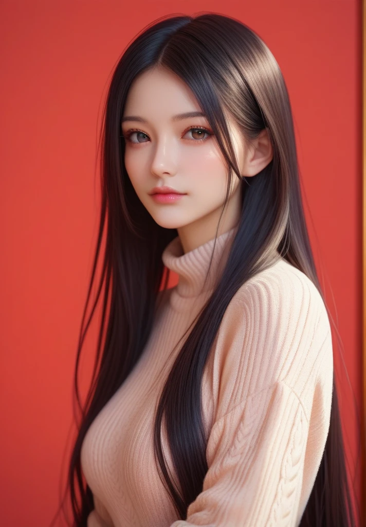 ,score_9,score_8_up,score_7_up, 20 years old, 8k, hd, beautiful girl, black hair, very long hair, straight hair, closed mouth,
1girl, detailed face, beautiful woman's face, sweater, red background, looking at viewer,