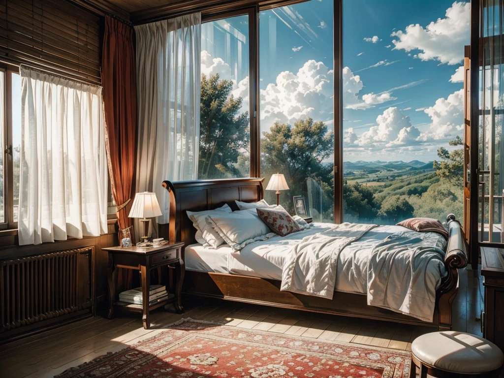 8K HD,Blue sky and white clouds,Glass House,Glass House,There is a big red bed in the room,There is a table here,TV,There is one,With light,With bookshelf,Red curtains,Large glass windows all around,Overlooking the panoramic view,The most important thing is the bed。Outside the window is the outdoor forest rural scenery forest landscape trees scenery
