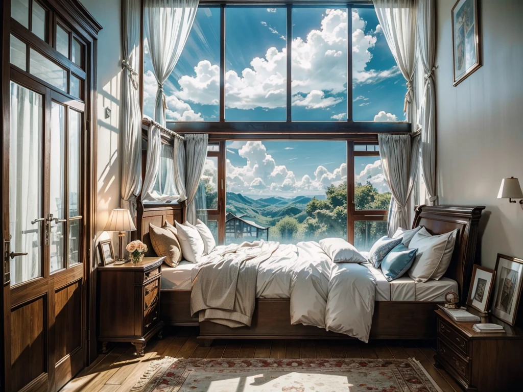 8K HD,Blue sky and white clouds,Glass House,Glass House,There is a big red bed in the room,There is a table here,TV,There is one,With light,With bookshelf,Red curtains,Large glass windows all around,Overlooking the panoramic view,The most important thing is the bed。Outside the window is the outdoor forest rural scenery forest landscape trees scenery