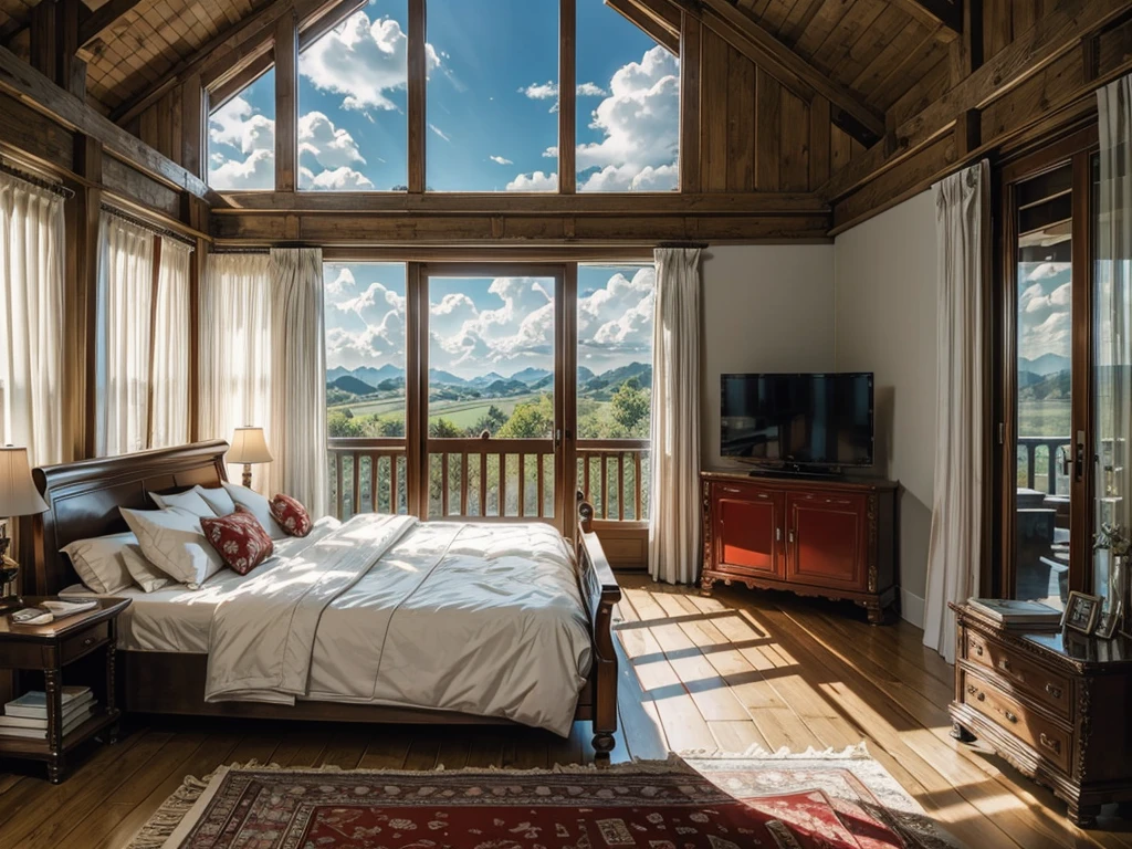 8K HD,Blue sky and white clouds,Glass House,Glass House,There is a big red bed in the room,There is a table here,TV,There is one,With light,With bookshelf,Red curtains,Large glass windows all around,Overlooking the panoramic view,The most important thing is the bed。Outside the window is the outdoor forest rural scenery forest landscape trees scenery