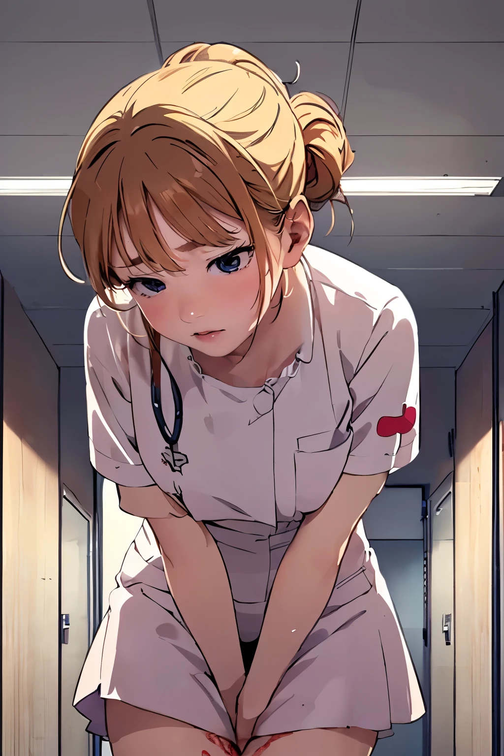 (depicting a single moment from a manga for adults), (hand-drawn), ((manga-style background)), (a nurse, nurse-uniform with stain by pee), (((round face))), drooping eyes, in the hospital corridor, ceiling, curtain, (((incontinent, humiliated, peeing))), ((embarrassing)), (hair up),