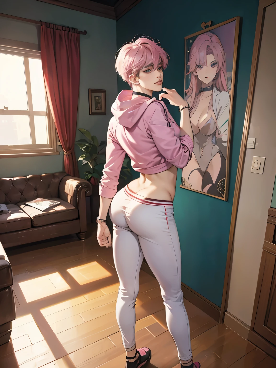 1 male, feminine male, ((femboy)), Guviz-style artwork, made with anime painter studio, anime realismスタイル, Realistic anime art style, painted in anime painter studio, Inspired by Kim Taehyung, In an anime style, anime handsome guy, Inspired by Kim Taehyung, anime realism, Pink hair, A smile, a choker, Multiple piercings, Man with short hair, Male one, Inspired by Kim Taehyung, bustup, hoody, living room, standing, full body, ((round buttocks)), ass focus, big ass, big bulge crotch,