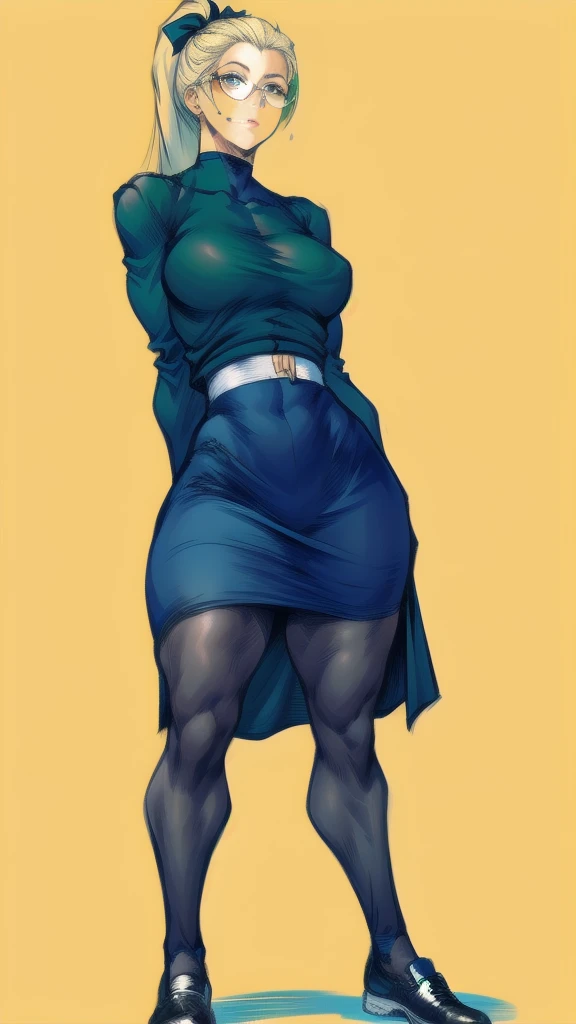 Full body image of Maki Zenin from Jujutsu Kaisen, full body in image, wearing her outfit post-Zenin clan (dark green jacket, matching skirt, black tights, and black shoes, with glasses), long hair tied in a ponytail, female body, athletic and muscular body, visible scars on her face and arms, dynamic pose, detailed pose, simple background, expressive face showing determination, focus on face, line art, sketch