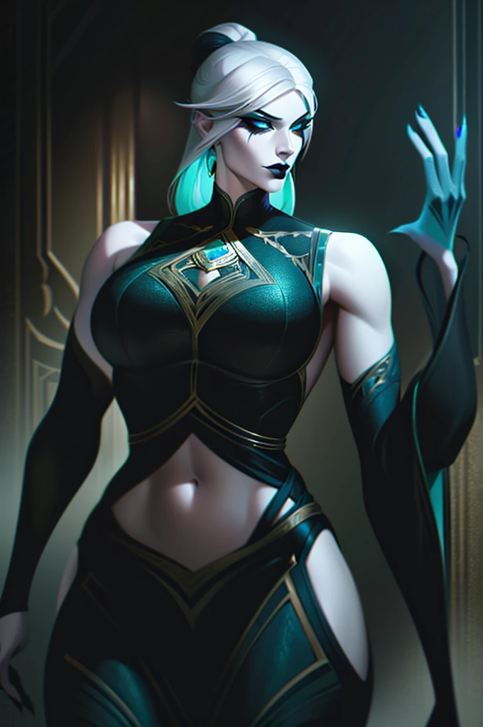 A young woman wearing a belly dancer suit and partially nude. The color palette is dominated by deep shades of green and black. Details in purple and dark green stand out, adding a dark and sinister atmosphere. Her skin is pale, almost translucent, and has a subtle glow. Her expression is serene, but at the same time carries an air of defiance, revealing his ambiguous and controlling personality. Goth makeup, black lipstick, black eyeliner, body accessories, white hair, splashart, body lines, vibrant colors, exquisite details, cinematic, artstation, detailed face, detailed eyes, detailed hands, detailed anatomy, huge butt, by rossdraws, by Kienan Lafferty