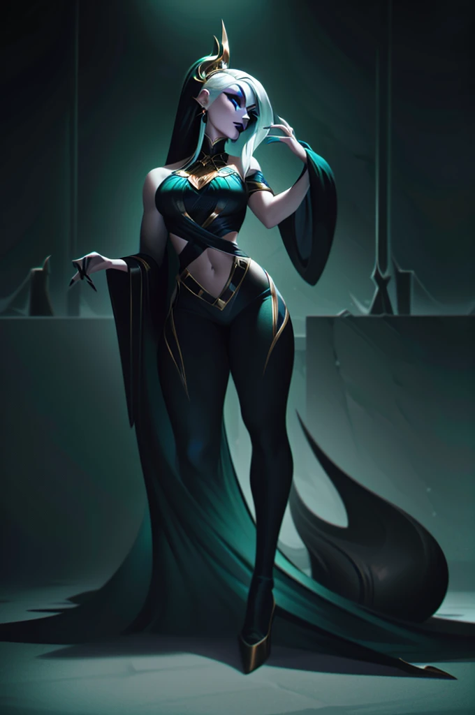 A young woman wearing a belly dancer suit and partially nude. The color palette is dominated by deep shades of green and black. Details in purple and dark green stand out, adding a dark and sinister atmosphere. Her skin is pale, almost translucent, and has a subtle glow. Her expression is serene, but at the same time carries an air of defiance, revealing his ambiguous and controlling personality. Goth makeup, black lipstick, black eyeliner, body accessories, white hair, splashart, body lines, vibrant colors, exquisite details, cinematic, artstation, detailed face, detailed eyes, detailed hands, detailed anatomy, huge butt, by rossdraws, by Kienan Lafferty