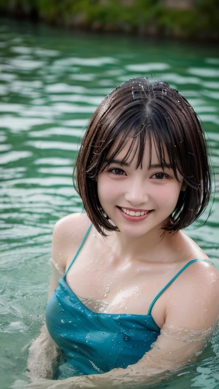(Highest quality:1.4),(masterpiece:1.4),(Realistic:1.4),(Realistic:1.2),(超High resolution, RAW Photos:1.4),(High resolution, Very detailed:1.2),(8k:1.2),photograph,Brown Hair、One Girl,alone,((Upper Body:1.3))、Loose dress、bob cut、forehead、smile:1.1、Ocean、drenched in water、Kick the surface of the water