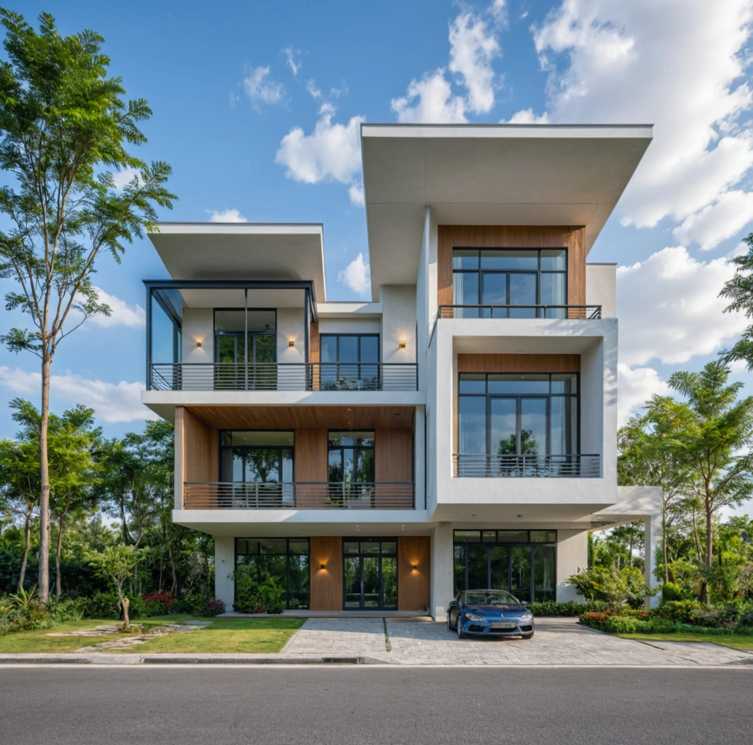 Masterpiece, high quality, best quality, authentic, realistic scene, super detail, outdoors, house on the street ,white wall, glass window, steel gate, road, pavement, grass, trees, sky, cloud, car (daylight:1.1)