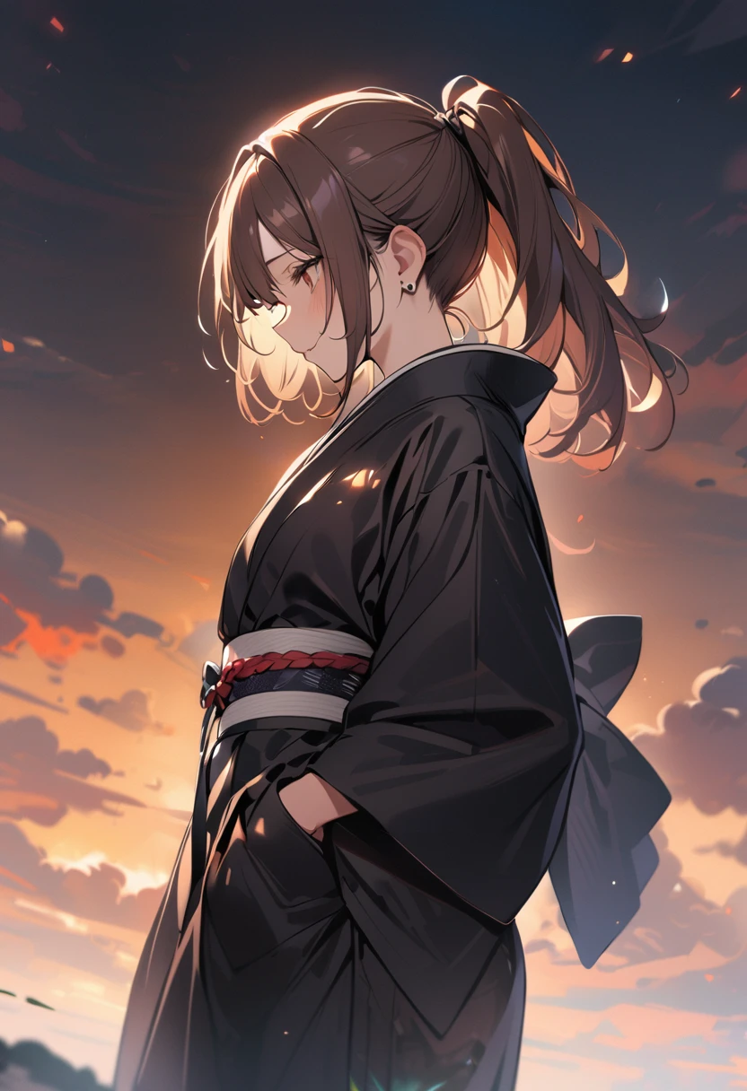 1 girl, bob, center part, forehead, brown hair, (pony tail:1.2), piercing, brown eyes, looking down, tear in eyes,
BREAK (masterpiece), (high resolution 8K), detailed eyes and face, detailed body,
BREAK (kimono,long kimono,(all black kimono:1.3),simple black obi:1.3),white tabi,
BREAK profile, from side,