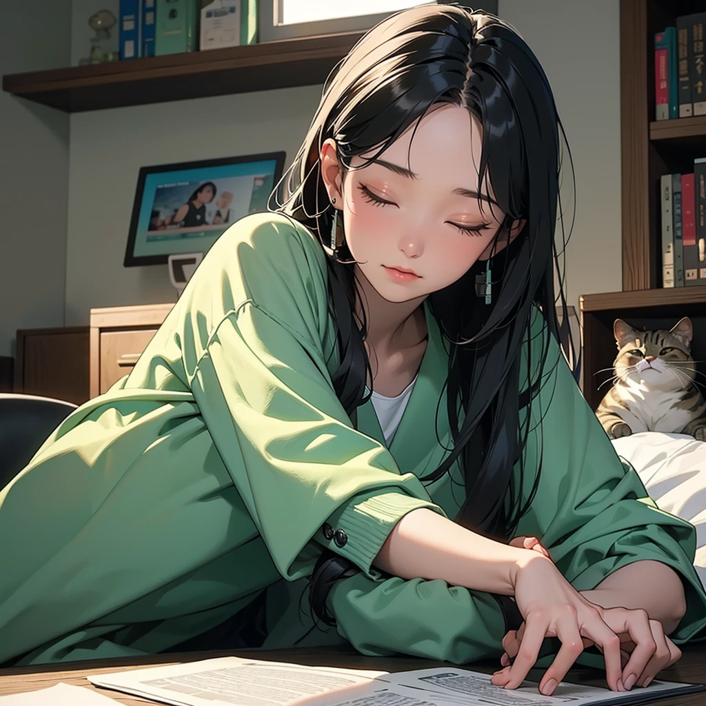 Vertical portrait of a 15-year-old Taiwanese girl wearing over-ear headphones, sleeping on her computer desk in a dimly lit room. A cat is curled up next to her, and an open book lies beneath her head. The scene is captured in Lo-fi photography style with dark amber and emerald tones. A tall window shows a traditional Taiwanese street scene outside. In anime style, with medical textbooks scattered around. --ar 4:5 --style raw
