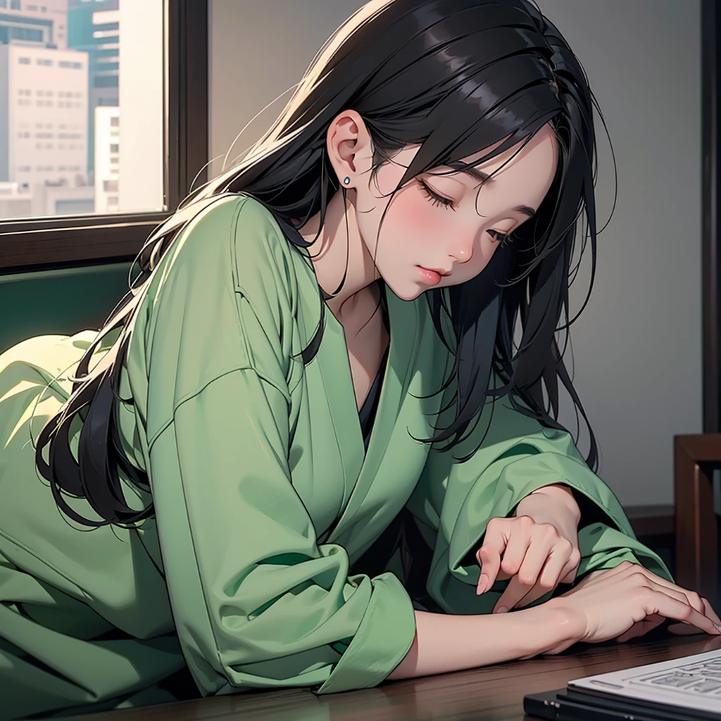 Vertical portrait of a 15-year-old Taiwanese girl wearing over-[ear headphones] with "ANE//AB" logo engraved on the side, sleeping on her computer desk in a dimly lit room. A cat is curled up asleep on a nearby chair. An open book lies beneath her head. The scene is captured in Lo-fi photography style with dark amber and emerald tones. A tall window shows a traditional Taiwanese street scene outside. In anime style, with medical textbooks scattered around. --ar 4:5 --style raw