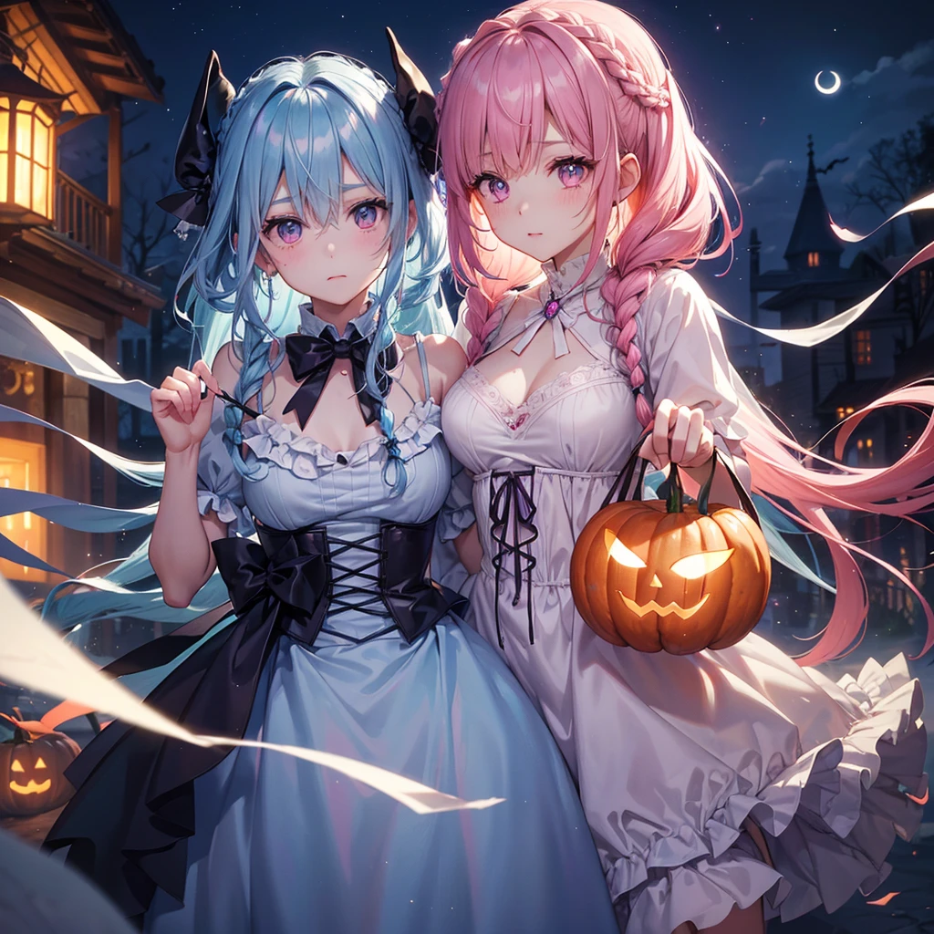 (Light blue medium hair),(Braided hair:1.2)、Pink eyes、Fair skin、cowboy shot、Halloween、The background is a pumpkin ghost、Crescent Moon、Trick or Treat、A lot of sweets、witch、Halloween night、Candy、many bat、Condescending expression、solo、(masterpiece、Highest quality、Very detailed、Best Shadow)、(Detailed Background)、(Beautifully detailed face)、High contrast、(Best lighting、Very delicate and beautiful)、(Cinematic Light)、colorful、Hyper Detail、Dramatic Light、Exquisite detail、
