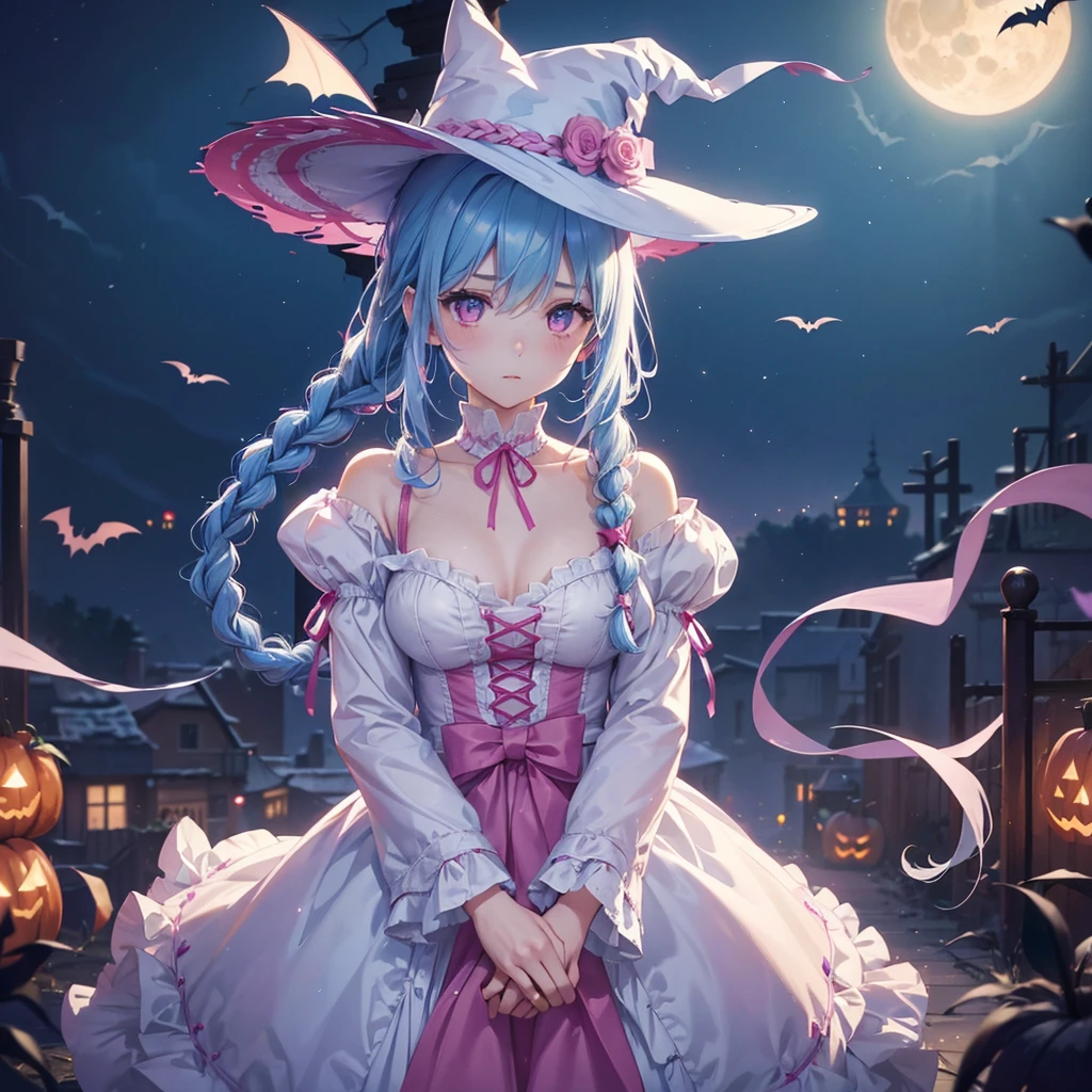 (Light blue medium hair:1.2),(Braided hair:1.2)、Pink eyes、Fair skin、cowboy shot、Halloween、The background is a pumpkin ghost、Crescent Moon、Trick or Treat、A lot of sweets、witch、Halloween night、Candy、many bat、Condescending expression、solo、(masterpiece、Highest quality、Very detailed、Best Shadow)、(Detailed Background)、(Beautifully detailed face)、High contrast、(Best lighting、Very delicate and beautiful)、(Cinematic Light)、colorful、Hyper Detail、Dramatic Light、Exquisite detail、