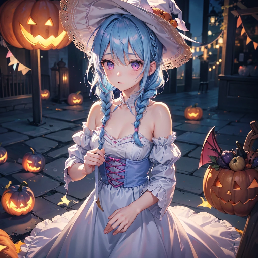 (Light blue medium hair),(Braided hair:1.2)、Pink eyes、Fair skin、cowboy shot、Halloween、The background is a pumpkin ghost、Crescent Moon、Trick or Treat、A lot of sweets、witch、Halloween night、Candy、many bat、Condescending expression、solo、(masterpiece、Highest quality、Very detailed、Best Shadow)、(Detailed Background)、(Beautifully detailed face)、High contrast、(Best lighting、Very delicate and beautiful)、(Cinematic Light)、colorful、Hyper Detail、Dramatic Light、Exquisite detail、