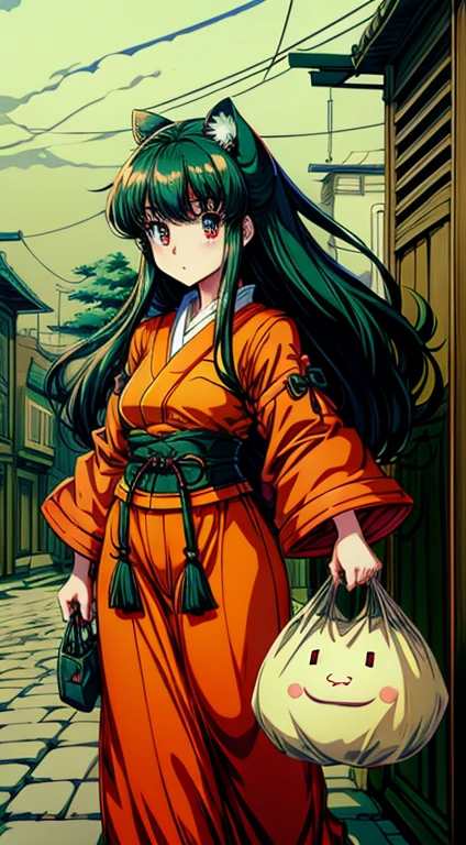 best quality,(masterpiece:1,2),highres,original,perfect lighting,extremely detailed wallpaper,(extremely detailed CG:1.2),Japanese manga style,Studio Ghibli,Hayao Miyazaki style,high saturation,rich details,A girl carrying a bag walking down the street,