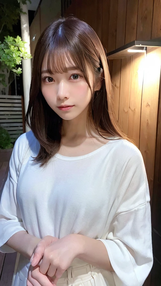 (Highest quality,masterpiece:1.3,High resolution,),(Very detailed,Caustics),(Realistic:1.4,RAW shooting,)Ultra-Realistic Capture,Very detailed,人間の肌に適したHigh resolution16K、 Natural skin texture、、Skin tone is even and healthy looking、 Use natural light and colour,One Woman,Japanese,,cute,Brown Hair,Mid-length hair,(Written boundary depth、chromatic aberration、、Wide range of lighting、Natural Shading、)、(Outdoor lighting at night:1.4)、(Hair swaying in the wind:1)、short hair、Outward flicked edge,